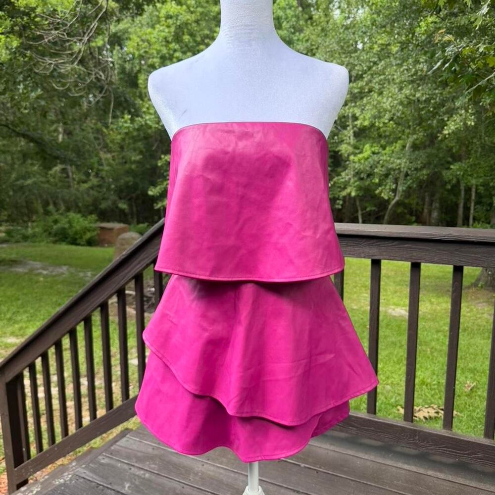 Hot Pink Faux Leather Tiered Skort Romper |‎ Y2K Barbiecore Strapless Party Mini